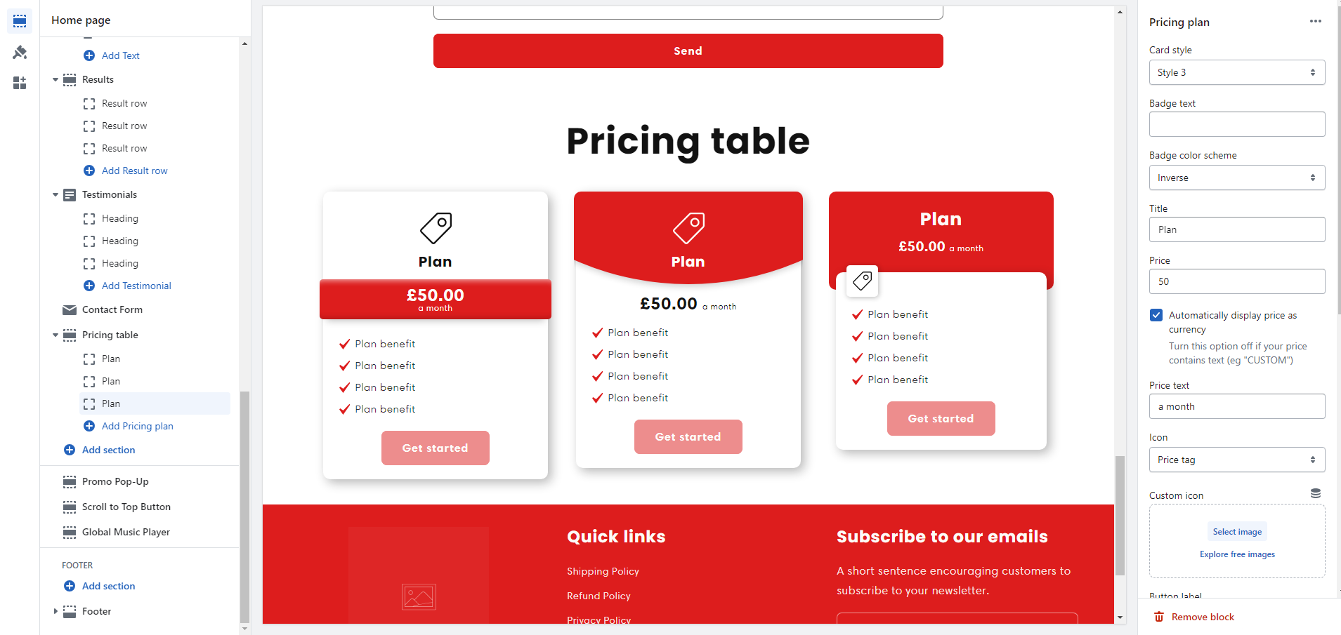 pricing table add
