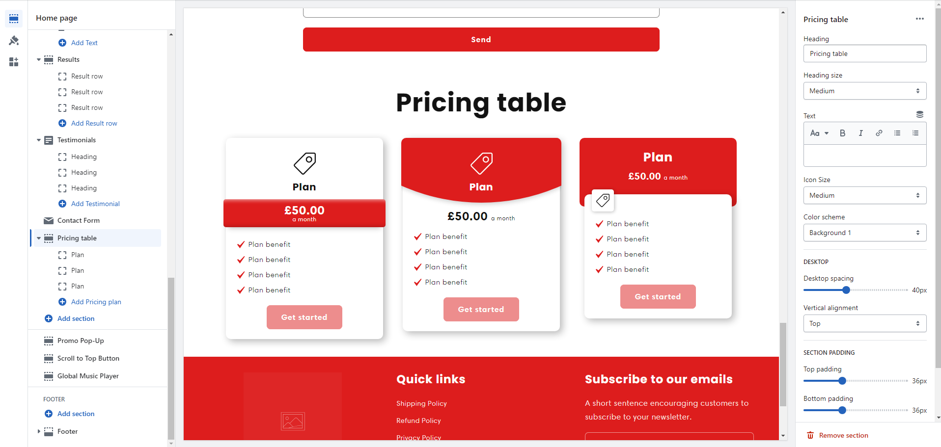 pricing table add